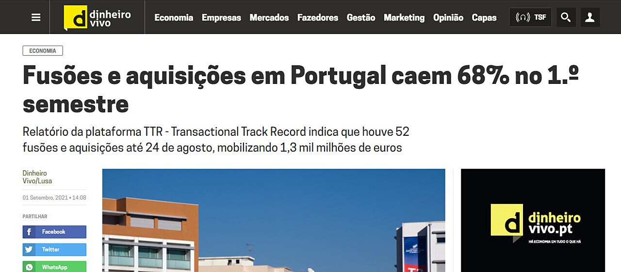 Fuses e aquisies em Portugal caem 68% no 1. semestre